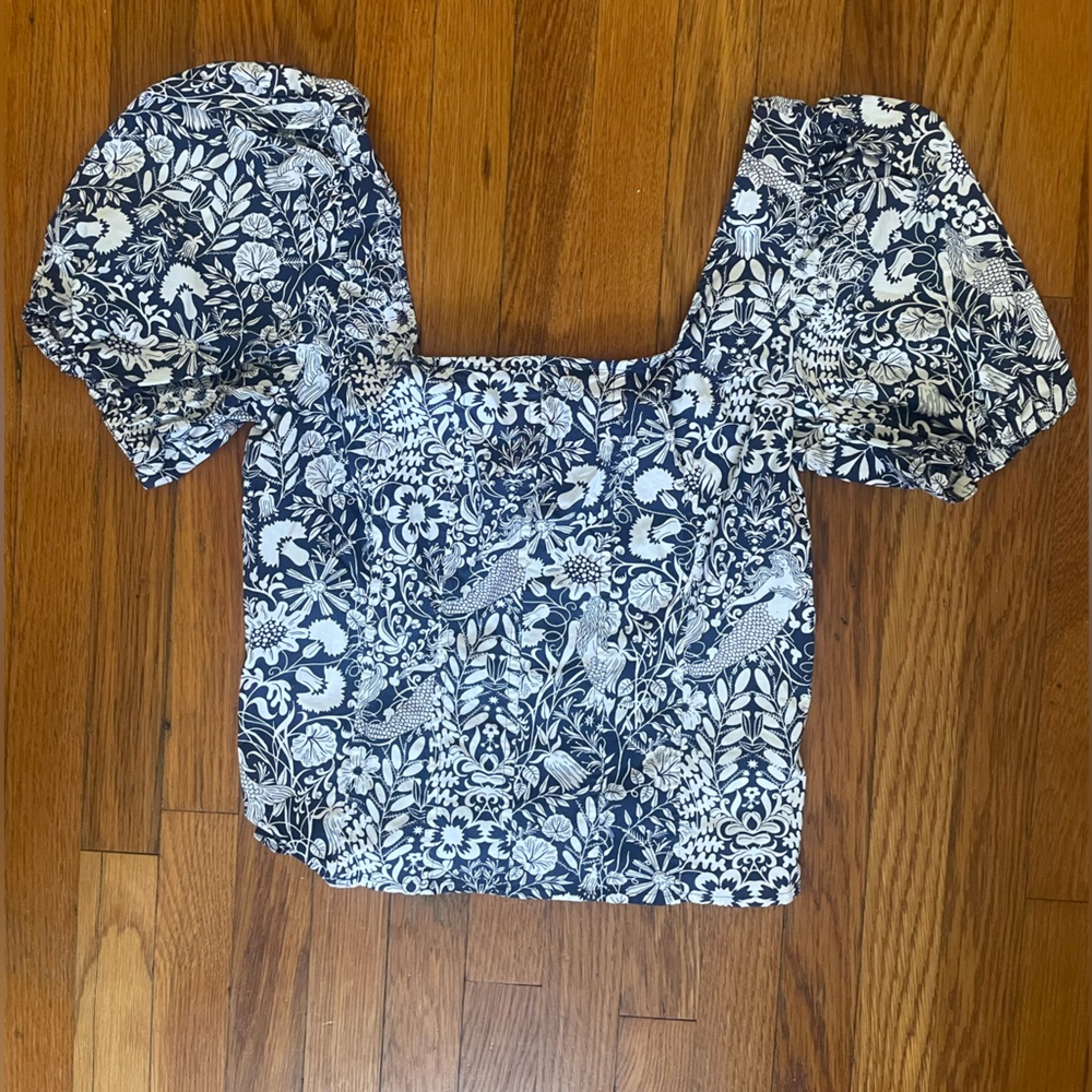 J. Crew Floral Puff Sleeve Top - Blue and White